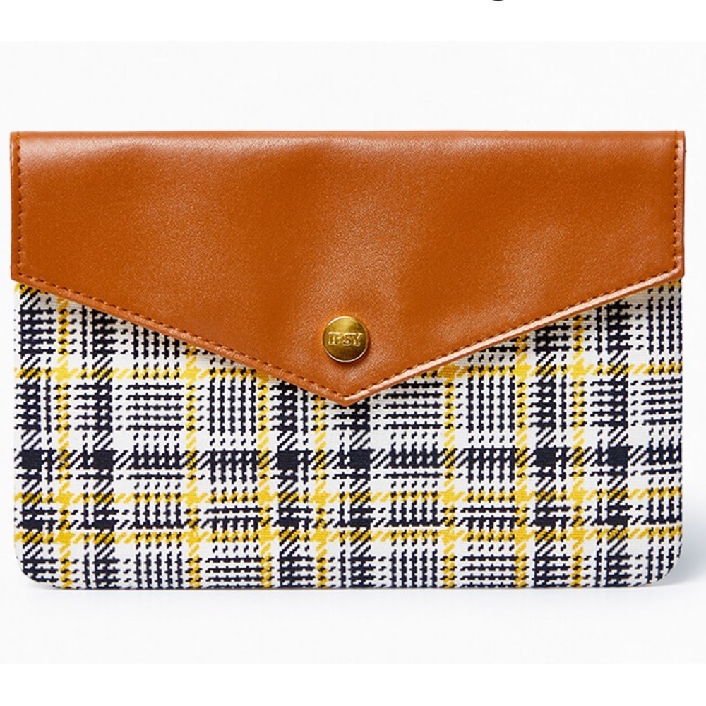 Yellow & Black Plaid / Leather Pouch